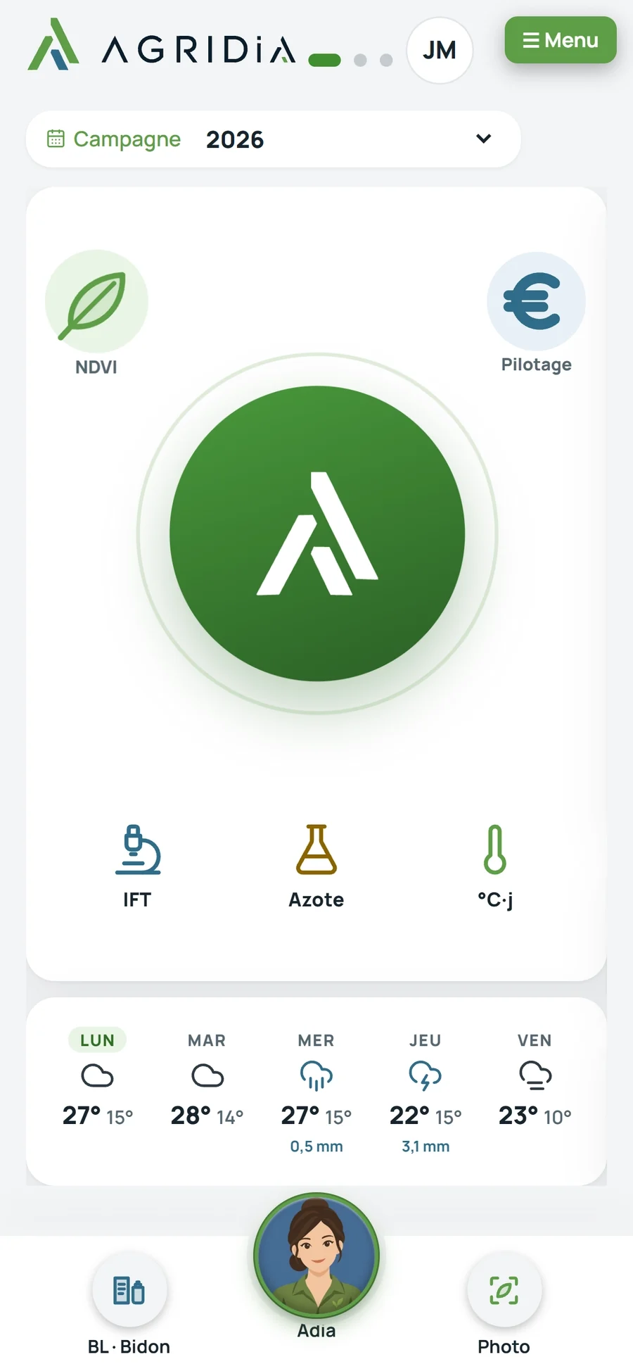 Le tableau de bord d’Agridia sur un téléphone : le médaillon déploie ses raccourcis