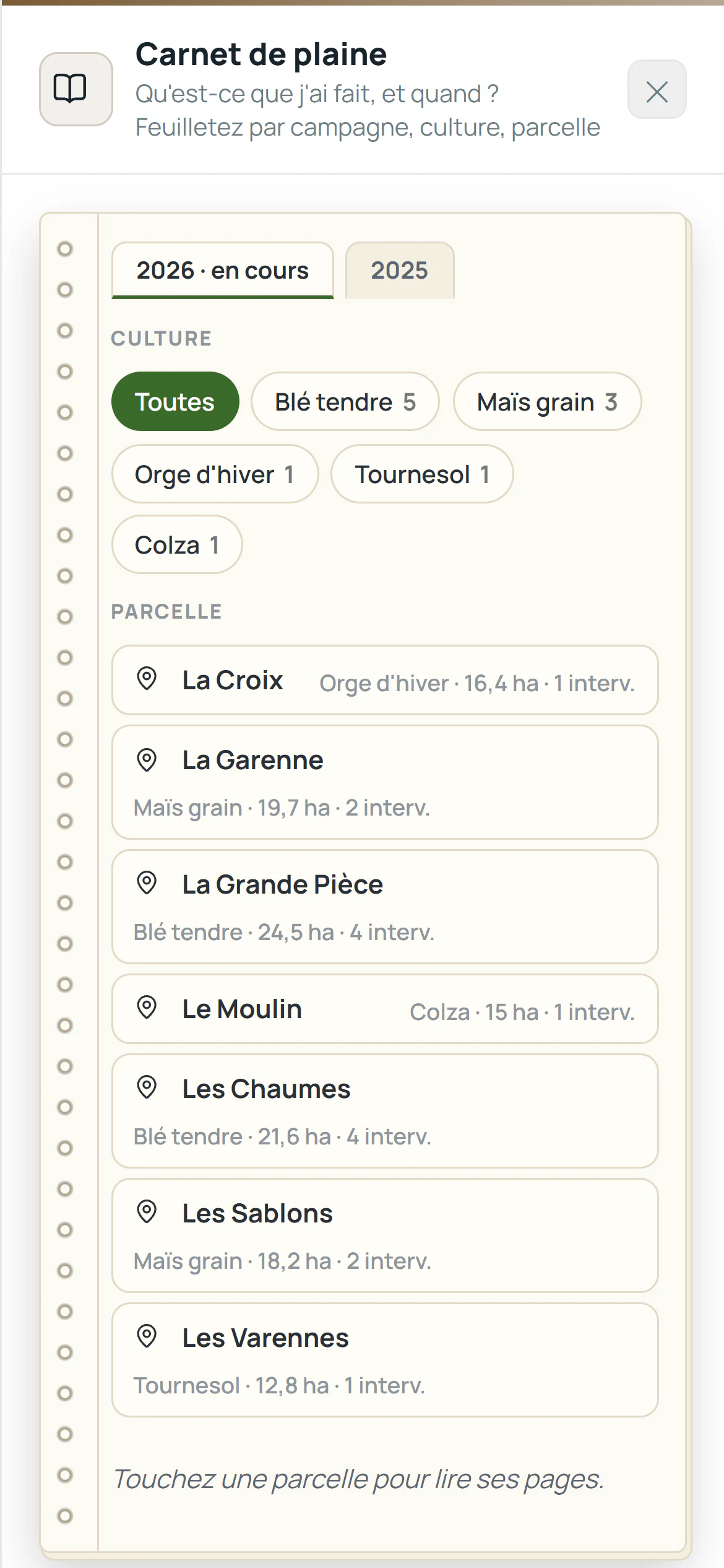 Carnet de plaine : la liste des parcelles
