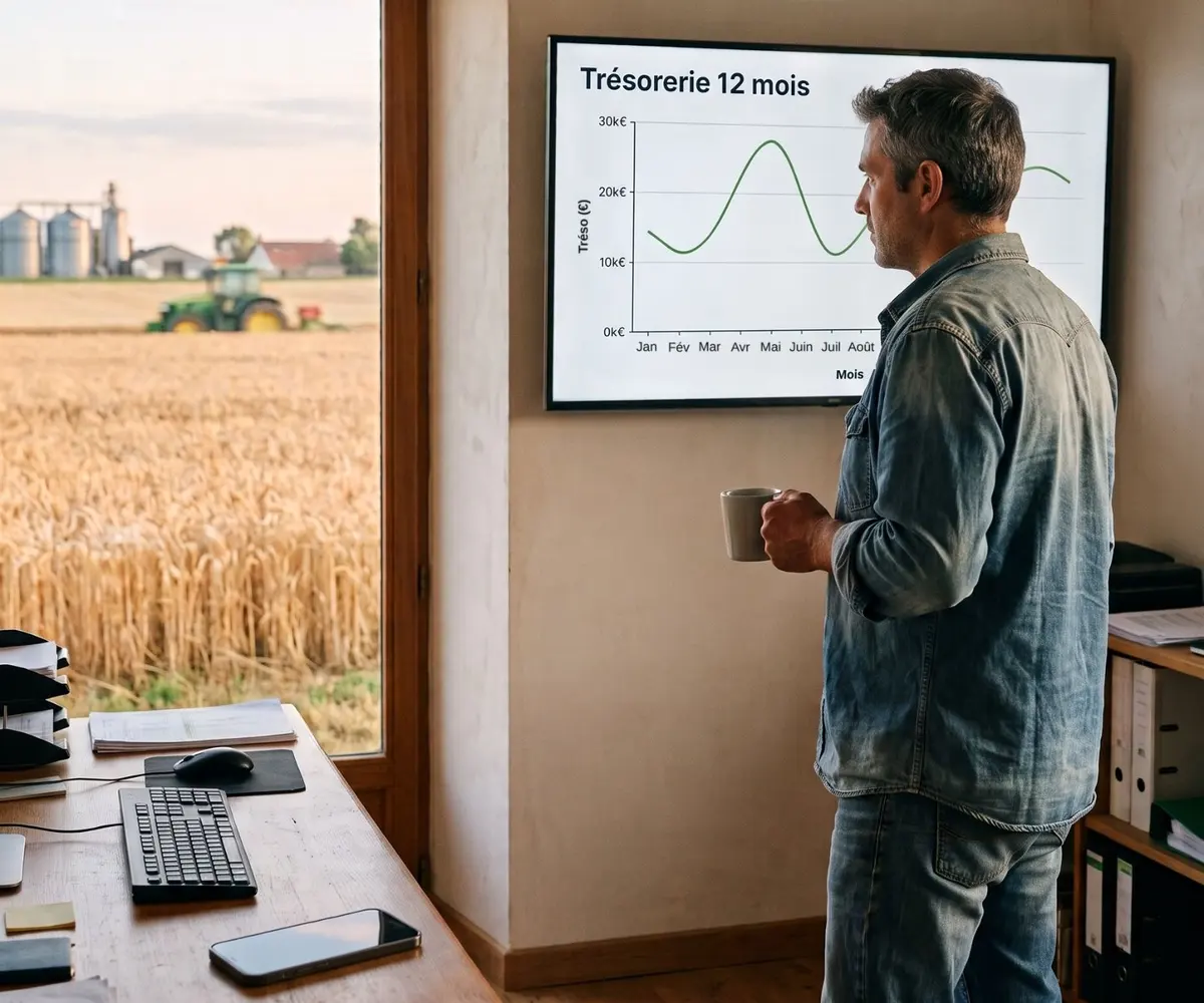 Un agriculteur regarde la courbe de trésorerie de sa ferme sur douze mois, son téléphone posé sur le bureau