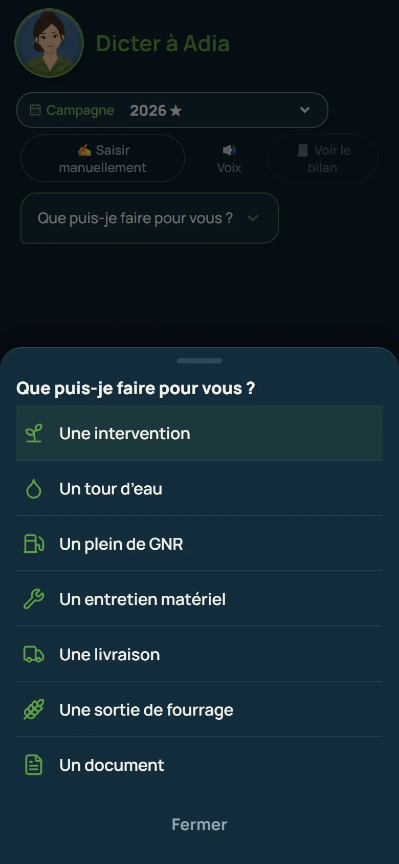 Adia sur téléphone, en mode sombre : intervention, tour d’eau, plein de GNR, entretien, livraison, sortie de fourrage, document