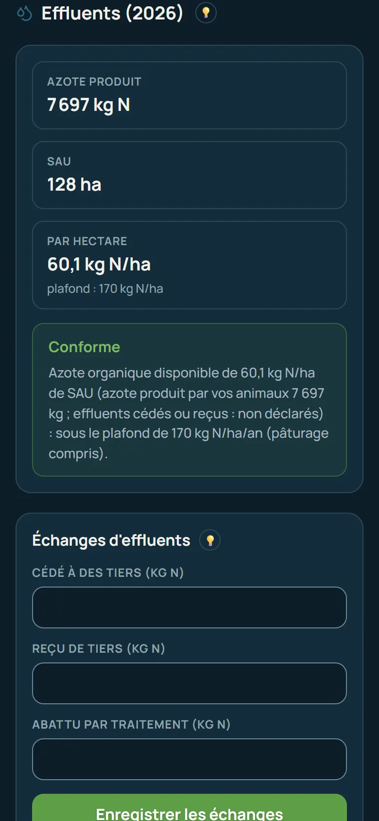 ChepteloVia sur téléphone, en mode sombre : l’azote par hectare, conforme au plafond de 170 kg
