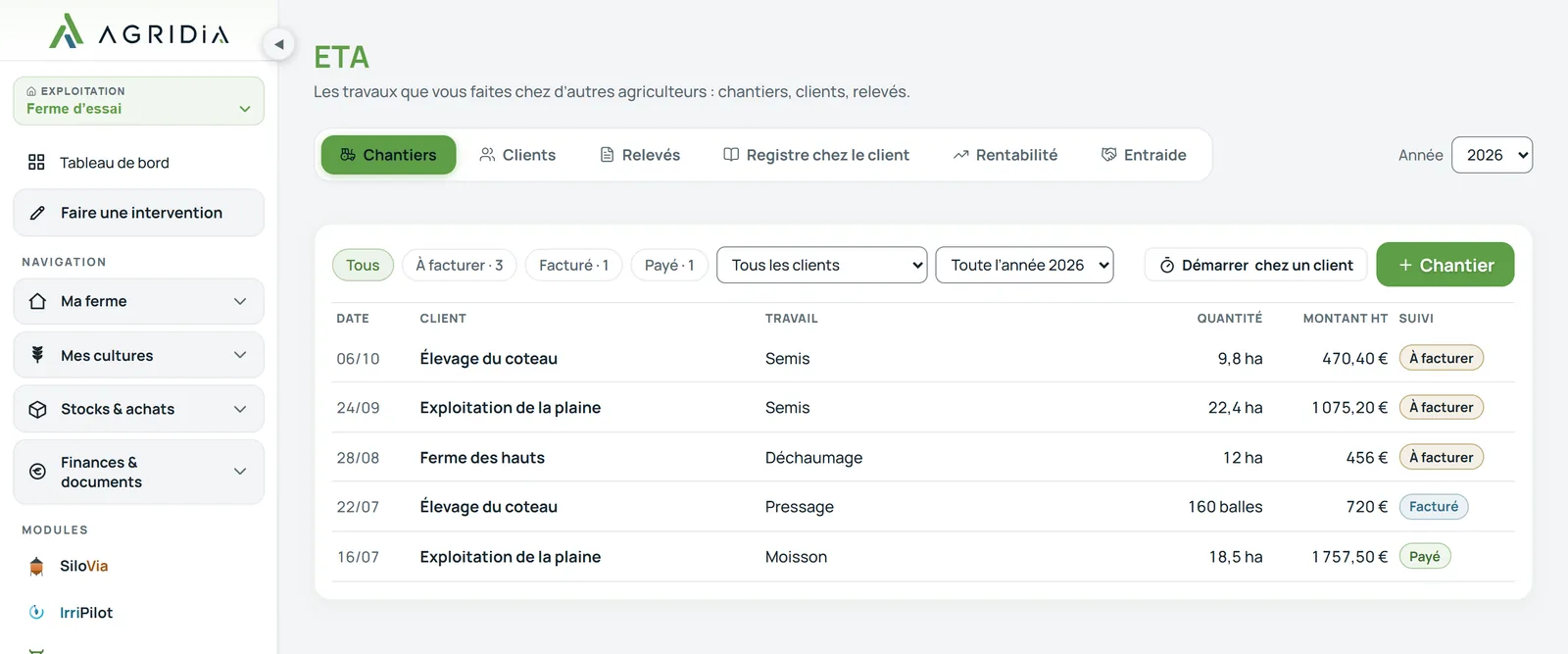 Le module ETA sur ordinateur : les chantiers chez les clients, leur montant et leur suivi