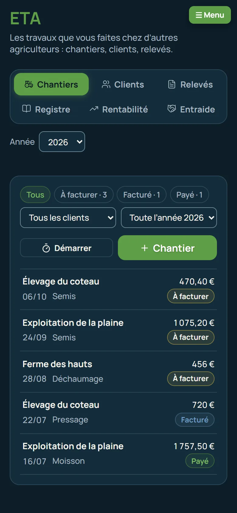 Le module ETA sur téléphone, en mode sombre : les chantiers et leur suivi