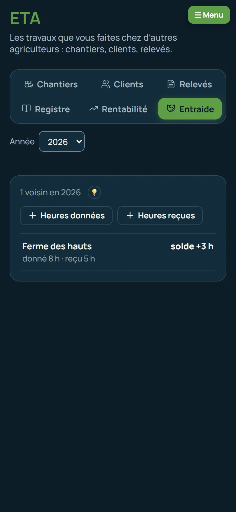 Le module ETA sur téléphone, en mode sombre : les heures d’entraide avec un voisin