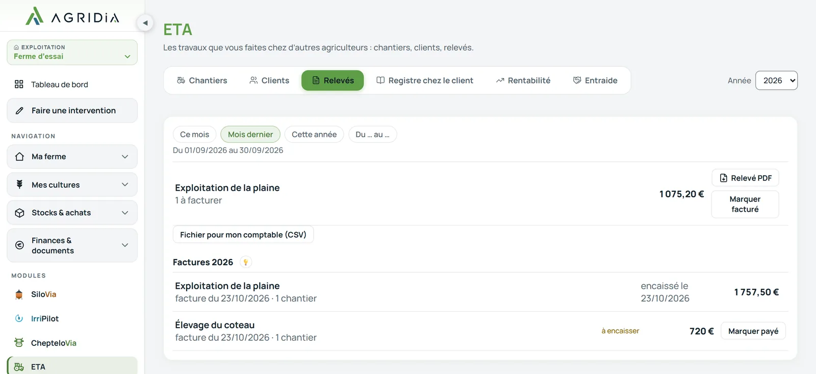 Le module ETA sur ordinateur : les relevés à facturer et les factures de l’année