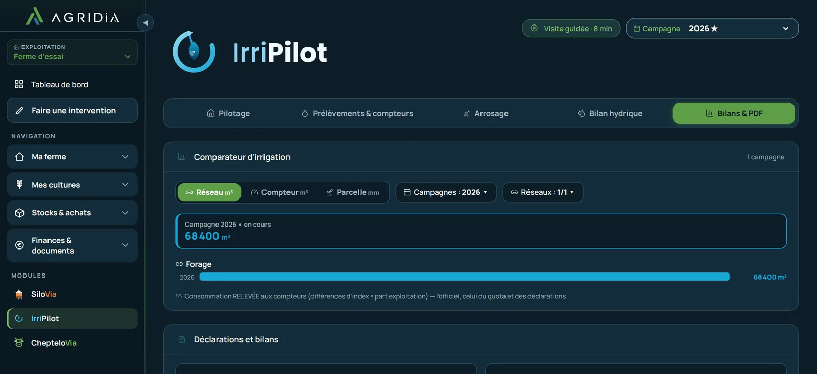IrriPilot sur ordinateur, en mode sombre : comparateur d’irrigation et déclaration des volumes