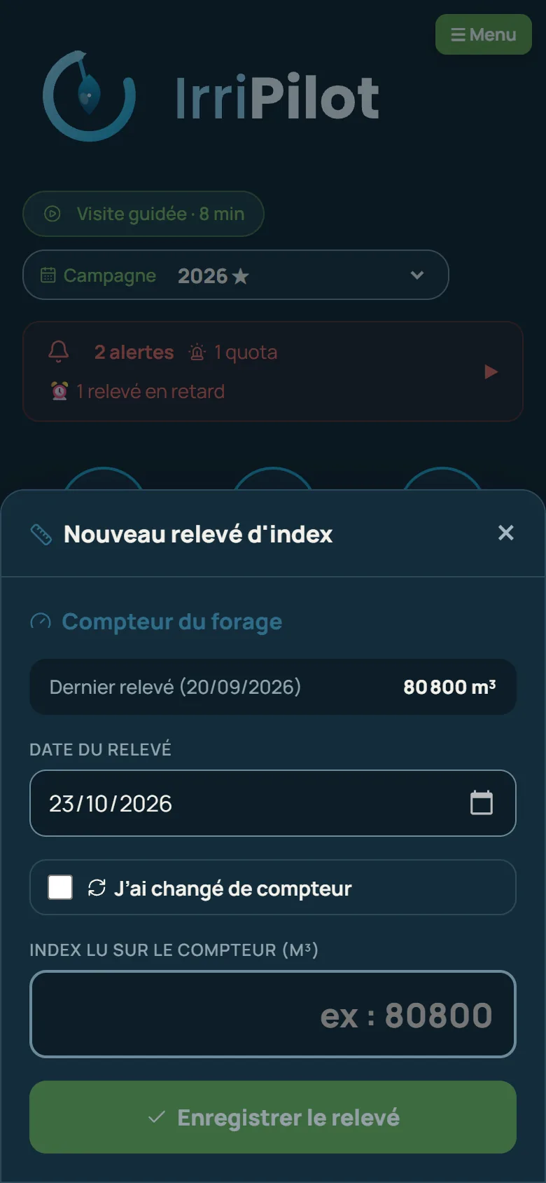 IrriPilot sur téléphone, en mode sombre : un nouveau relevé d’index du compteur du forage