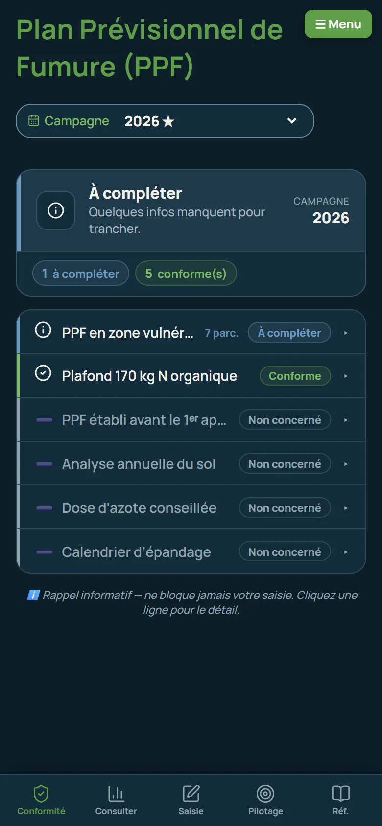 Agridia sur téléphone, en mode sombre : la conformité nitrates
