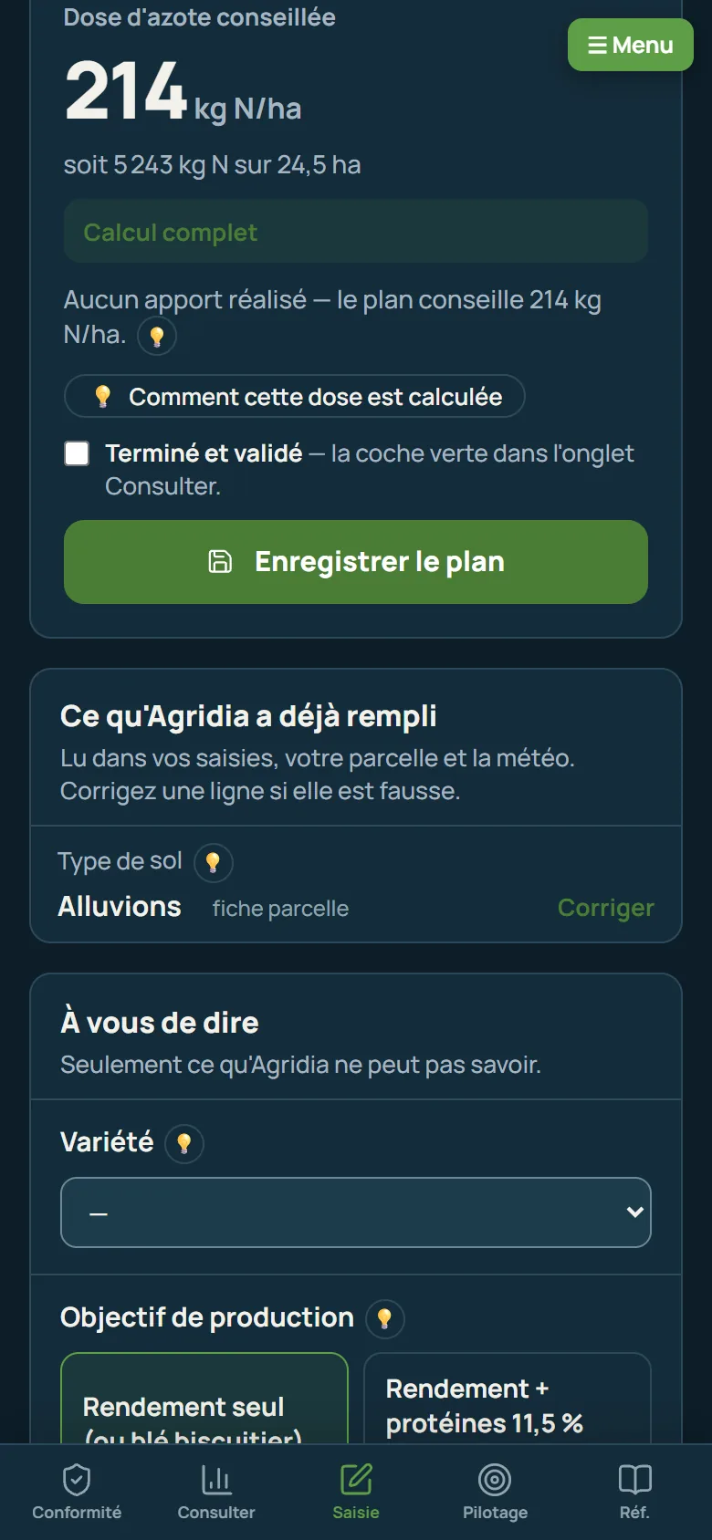 Agridia sur téléphone, en mode sombre : la dose d’azote conseillée par le plan