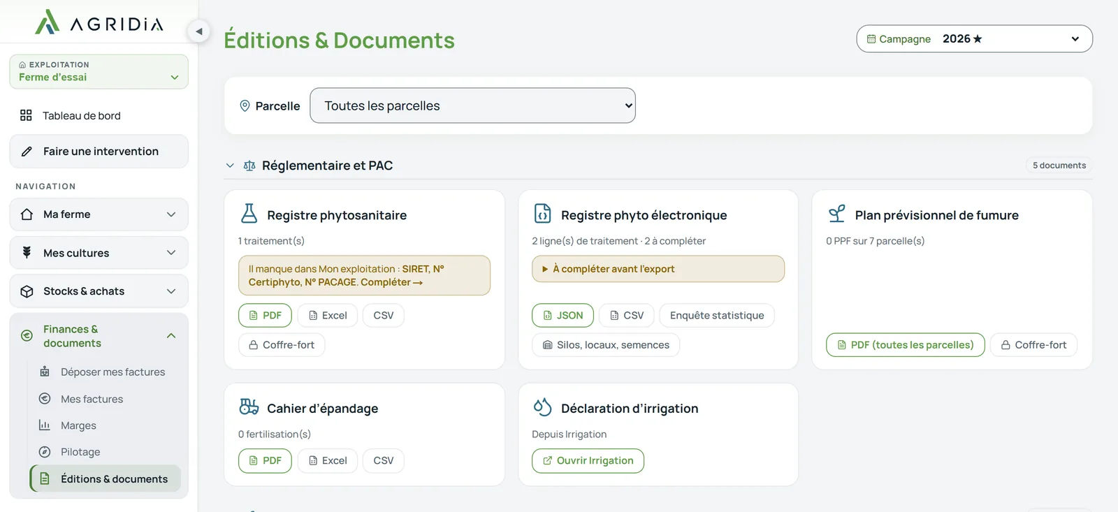 Agridia sur ordinateur : registre phytosanitaire et registre électronique, en PDF, JSON ou CSV