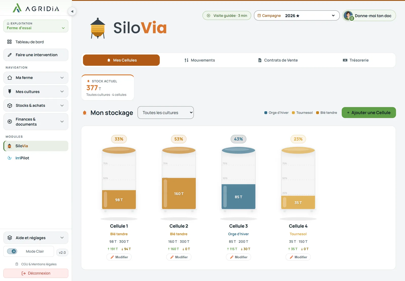 SiloVia sur ordinateur : les cellules de la ferme, leur contenu et leur place libre