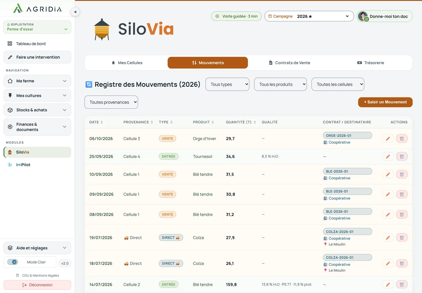 SiloVia sur ordinateur : le registre des mouvements, entrées en cellule et livraisons rattachées à leur contrat