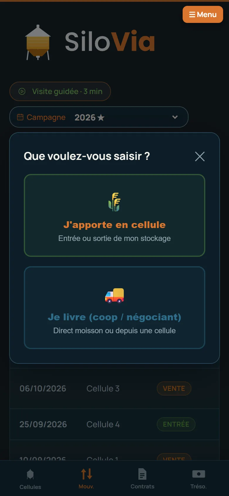 SiloVia sur téléphone : apporter en cellule ou livrer